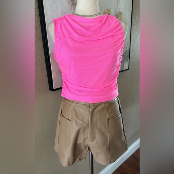 High waisted faux leather shorts in tan - Picture 8 of 10